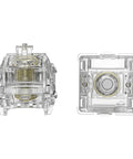 Magnetic Jade Max Linear Keyboard Switches, pre lubed and fully transparent housing, gold plated spring, shown from different angles