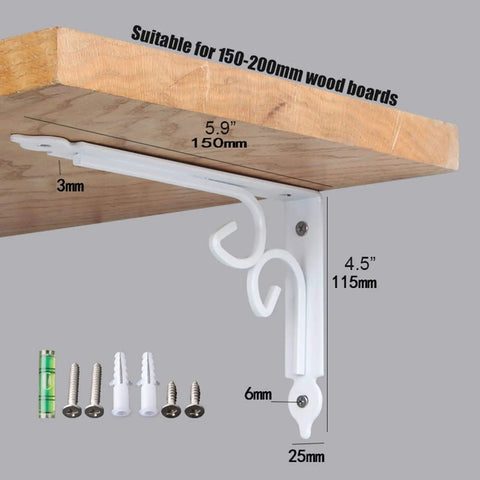 Heavy Duty L Shaped Wall Mount Bracket Set Slick Rust Resistant Metal Shelf Support Frame For Hanging Baskets And Sweet Home Storage Setup White Corner Braces with measured details.