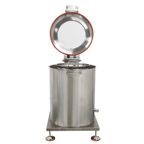 Straight Up Electric Food Dehydrator Spin Dryer Featuring Adjustable Centrifugal Action Up To Eight Hundred Fifty Rpm Crafted In Sturdy Stainless Steel, open top view.