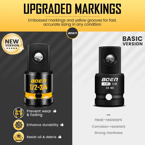 Versatile 9-Piece Impact Socket Adapter And Reducer Set For 1/4, 3/8, 1/2, And 3/4 Inch Drives with embossed markings comparison