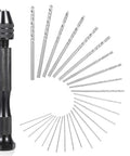 Front view of pin vise hand drill with 26-piece micro drill bit set (0.5–2.5 mm)