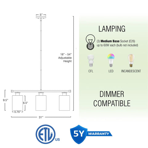 Dimensions and features of Dope Three Light Modern Industrial Farmhouse Kitchen Island Pendant Lighting with adjustable height and dimmer compatibility.