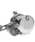 Close-up of Lever Drag Fishing Reel For Saltwater Big Game Beasts Angling Left Hand Trolling And Boat Casting Reel with metal body.