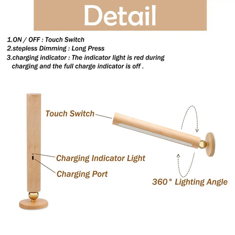 360 Degree Rotatable Beech Wood LED Wall Lamp With Magnetic Mount USB Rechargeable Battery Operated Sconce Night Light detail