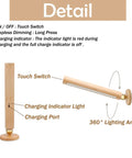 Cordless Beech Wood 360 Degree Rotatable LED Wall Lamp Sconces Set with details of touch switch and charging port.