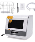 Portable Countertop Dishwasher With Three Wash Cycles Smart Mini Rack For Apartments Rv And Boat Includes Flexible Water Hose Rapid Hot Air Dry Stress Free Cleanup and accessories laid out on a white background.