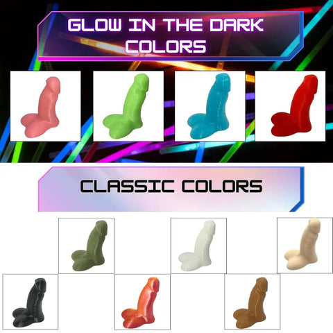 Various colored glow in the dark novelty sculptures displayed in rows against a neon background.