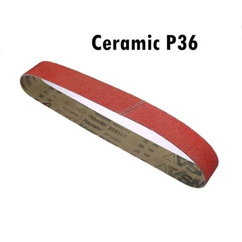 Four Piece Ceramic Sanding Belts For Heavy Duty Metal Grinding Built Tough To Blast Through Carbon Steel And Stainless Steel Includes 36 60 80 120 Grit Options In 12X24 Inch Size, featuring P36 grit sanding belt.