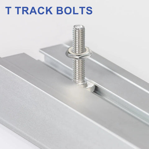 Close-up of Drop In M5 30 mm T Slot Bolts With Hammer Head And Hex Nut Flange For 20 Series Aluminum Extrusion, installed in track