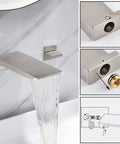 Modern two handle waterfall wall mount tub faucet in brushed nickel with 1/2 NPT connection, displaying easy installation setup