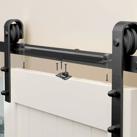 Hole Free Barn Door Soft Close Mechanism Upgraded Quiet Sliding Door Hardware Spring Damper One Way Invisible Stopper Adjustable Actuators With Spacers For Smooth Silent Door Action In Tight Spaces, black metal on white barn door