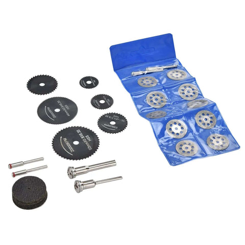 32 Piece Cutting Wheel Set With HSS Circular Saw Blades And Diamond Cutter Wheels Kit displayed with included tools