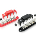Heavy Duty 4 Post Power Distribution Block Bus Bar Set With Secure Snap Covers showing red and black bus bars with bolts.