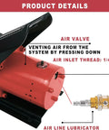 Close-up of a red Beefy Heavy Duty High Pressure Pneumatic Foot Operated Hydraulic Pump with air valve and lubricator details.