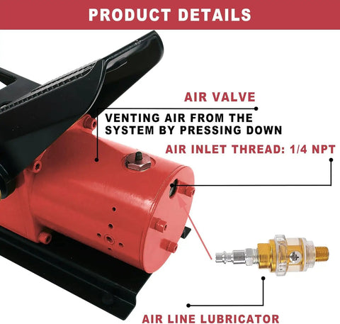 Close-up of a red Beefy Heavy Duty High Pressure Pneumatic Foot Operated Hydraulic Pump with air valve and lubricator details.