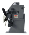 Side view of a 36 Inch Sheet Metal Brake for 20 Gauge Steel and Metals, heavy duty manual bender with adjustable angles for siding and metalwork.