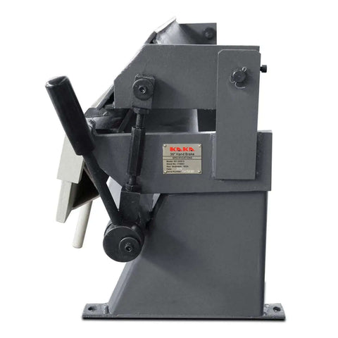 Side view of a 36 Inch Sheet Metal Brake for 20 Gauge Steel and Metals, heavy duty manual bender with adjustable angles for siding and metalwork.