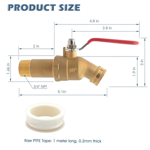 Diagram showing a Three Quarter Inch MNPT Full Port Brass Water Heater Drain Valve With Two Inch Shank And 180 Degree Handle and PTFE tape