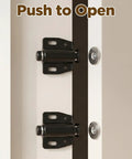 Close-up of 4 Pack Magnetic Push To Open Door Latches for cabinets and drawers in black, ABS and iron material, with screws.