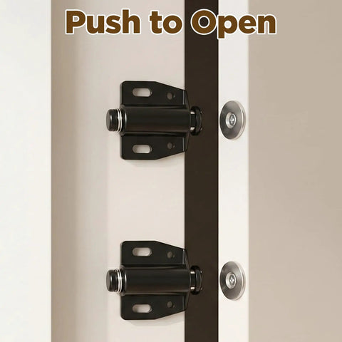 Close-up of 4 Pack Magnetic Push To Open Door Latches for cabinets and drawers in black, ABS and iron material, with screws.
