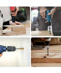 Heavy Duty Woodworking Drill Bit Kit With Dead Center Tower Auger And Quick Strike Punch used on stacked wood pieces.