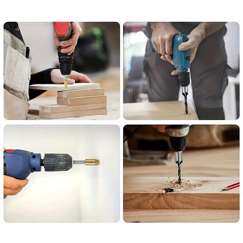 Heavy Duty Woodworking Drill Bit Kit With Dead Center Tower Auger And Quick Strike Punch used on stacked wood pieces.