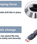 Mini Drill Chuck Adapter Keyless Quick Release One Quarter Hex Shank shows clamping force and quick change feature details.