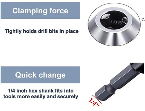 Close-up of Three Piece Drill Bit Adapter Set With 1/4 Inch Hex Shank For Impact Drivers showing clamping and quick change features