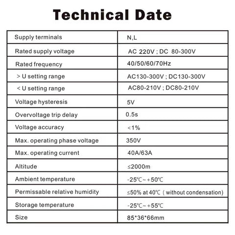 Technical data table for Voltage Protector For Home And Office Electronics 110V 220V AC And DC 80 To 300V, 1 To 63A Adjustable Smart Circuit Breaker With Overvoltage And Undervoltage Cutoff, DIN Rail Mount, Two Pack Keeps Your Gear Safe.