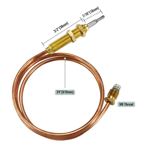Thermocouple F273117 for propane tank top heaters with 24-inch copper wire, M8 thread, and measurement details.