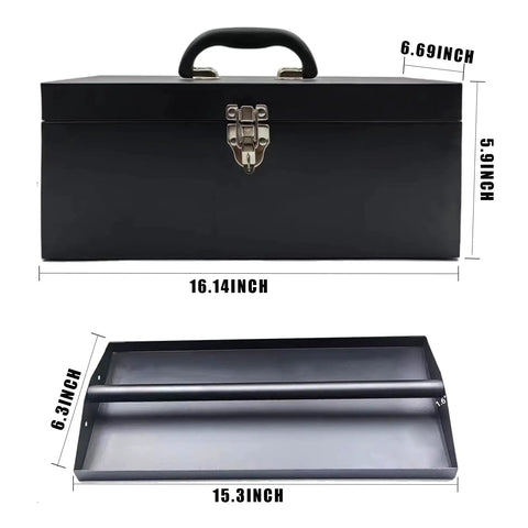 16 Inch Portable Metal Toolbox Built To Last, 18 Gauge Steel With Locking Latch, Heavy Duty Drawer Organizer Tackle Box, Black