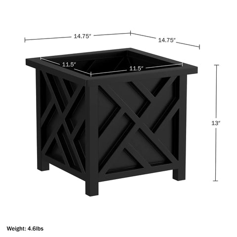 Lattice Design Planter Box Two Pack 14.75 Inch Square Outdoor Plant Pots For Flowers Or Plants Farmhouse Style Deck Ready Front Porch Patio Garden Decor Black, front view, showing dimensions.