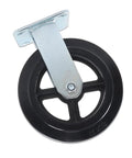 Heavy Duty Rigid Caster Wheels Eight Inch By Two Inch Featuring Rubber Tires And Solid Cast Iron Cores for easy movement on hard floors.