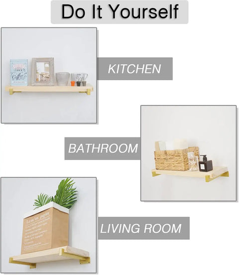 Gold 12 Inch Floating Shelf Brackets Set Of 6 With Lip in kitchen, bathroom, and living room settings, holding various items.