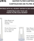 Water Filter Cartridges for 2.0 K-Cup brewers showing side and rear reservoir handles, BPA-free, compatible with all Keurig filter handles.