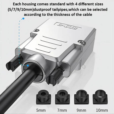 DB9 Breakout Connector Kit Two Pack One Male One Female Solderless Terminal Block with metal case and 4 tailpipe sizes