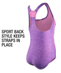 Side view of purple Girls One Piece Swimsuit With Thick Straps Racer Back Printed UPF 50 Plus Sun Protection Chlorine Resistant