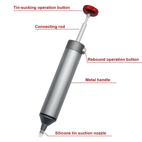 Heavy Duty Desoldering Pump With Strong Suction For PCB Repairs, showing 50mm silicone nozzle and CNC machined aluminum body