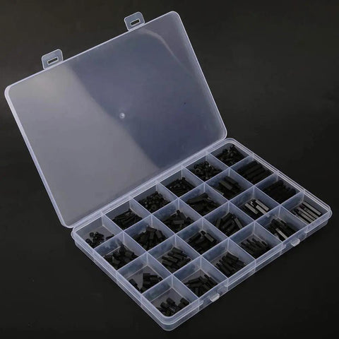 360 Piece Nylon Hex Standoff Spacer Kit M2 M2.5 M3 Black Insulated Nylon Spacers With Male Female Ends And Screw Nuts Includes Plastic Storage Box For PCB Mounting And Electronics Assembly open organizer box with black nylon spacers