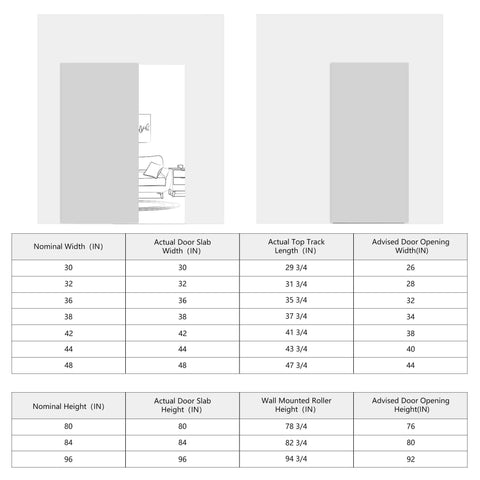 Concealed Sliding Barn Door Kit 36 By 86 Inches With Soft Close Hardware White Hidden Door installation dimensions chart
