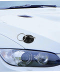 Durable CNC Aluminum Hood Lock Kit For Cars, Trucks, And SUVs installed on car hood, showing latch and pin with key ring