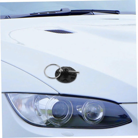 Durable CNC Aluminum Hood Lock Kit For Cars, Trucks, And SUVs installed on car hood, showing latch and pin with key ring