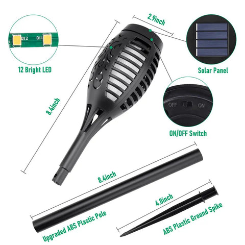 Parts of Solar Flame Torch Lights For Outdoor Decoration 12 Pack Solar Powered Waterproof LED Torches with solar panel and switch.
