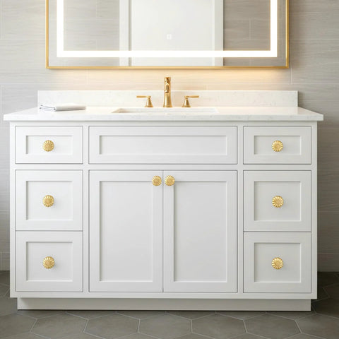 White bathroom vanity with Six Pack Gold Cabinet Knobs With Brushed Brass Finish For Dresser And Drawer Doors Vintage Pumpkin Inspired