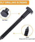 Close-up of a self-drilling screw with hex head emphasizing sharp drill point, related to Workhorse Heavy Duty Hex Lag Bolts Set Stainless Steel 304 Black Oxide Coated 108 Piece Kit With Deep Coarse Threads For Superior Hold In Wood Includes One Inch, One And A Half Inch, Two Inch, Two And A Half Inch, And Three Inch Lengths With Washers.