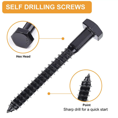 Close-up of a self-drilling screw with hex head emphasizing sharp drill point, related to Workhorse Heavy Duty Hex Lag Bolts Set Stainless Steel 304 Black Oxide Coated 108 Piece Kit With Deep Coarse Threads For Superior Hold In Wood Includes One Inch, One And A Half Inch, Two Inch, Two And A Half Inch, And Three Inch Lengths With Washers.