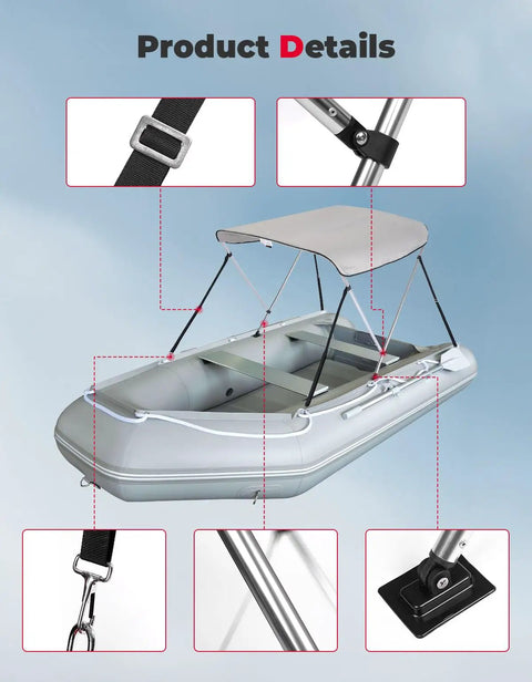 Beefy Boat Bimini Top Shade Cover With Marine Grade 600D Canvas, 2 Bow Design, 6 Ft Long on inflatable boat with mounting details