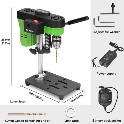 Mini Bench Drill Press For DIY Jewelry Making And Metal Wood Craft, Compact Benchtop Drill With Two Power Modes Cordless Or Corded, High Precision, Low Noise, Ideal For Small Shops And Hobbyists.