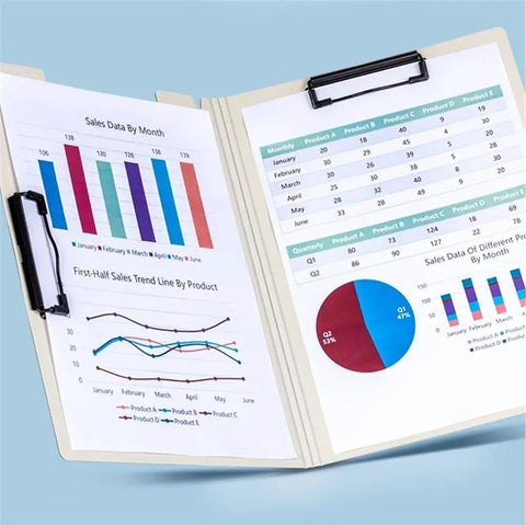 All In One A4 File Folder With Double Clip Multi Color Design Writing Pad Data And Contracts Archiving Eco Friendly Office Organizer For Documents Boss Grade Durable Finish Green, open with charts