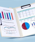 Five Pack A4 File Folders With Double Clip Built In Writing Pad And Archiving Ready Office Organizer For Contracts Docs And Everyday Paperwork Pro Grade Eco Friendly Materials Durable Finish Keeps Papers Safe. Open A4 file folder with double clip holding sales charts